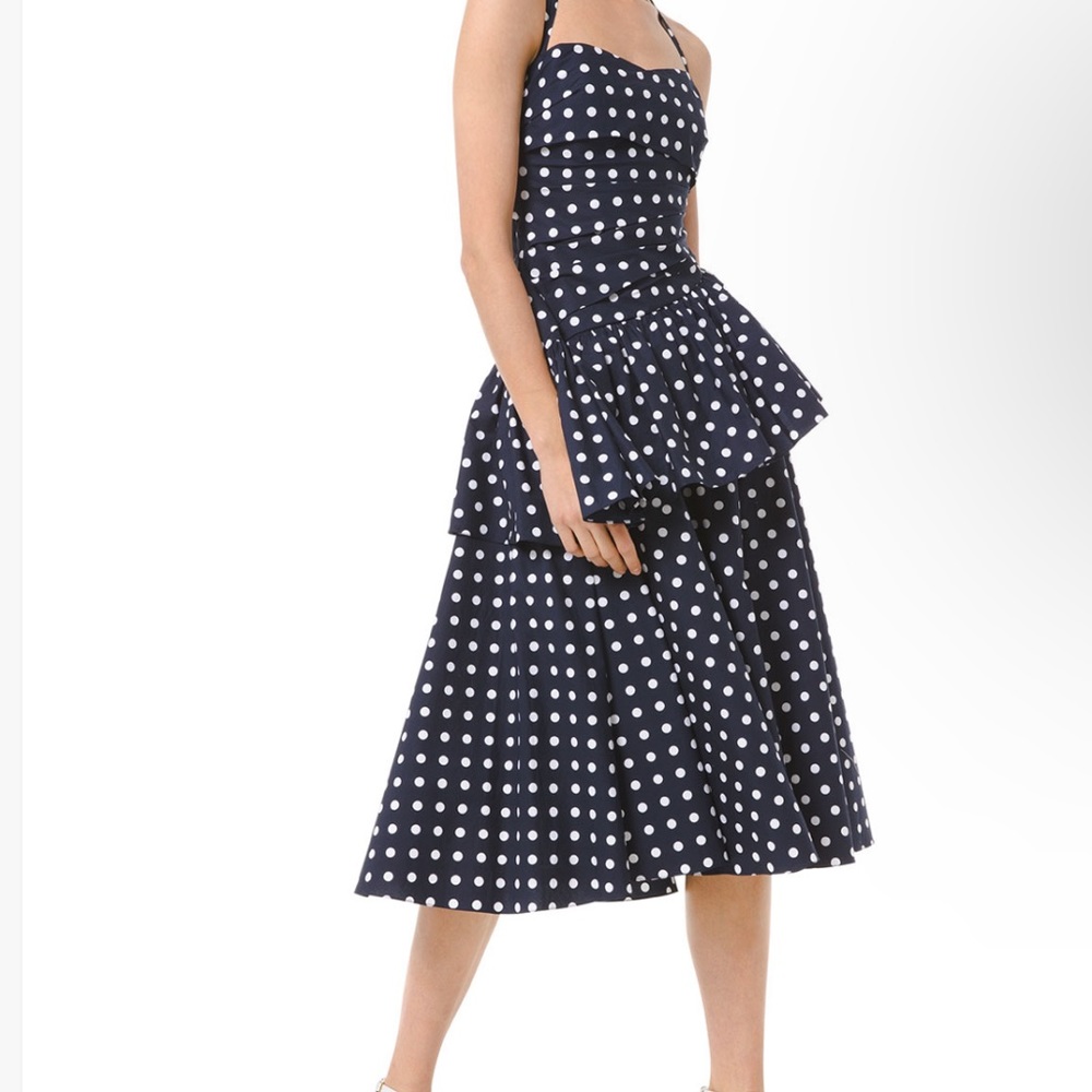 MICHAEL KORS silk dot ruched peplum halter dress